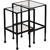 Cortesi Home Jamelos Square Nesting Table, 2Pc Matte Black Metal with Glass