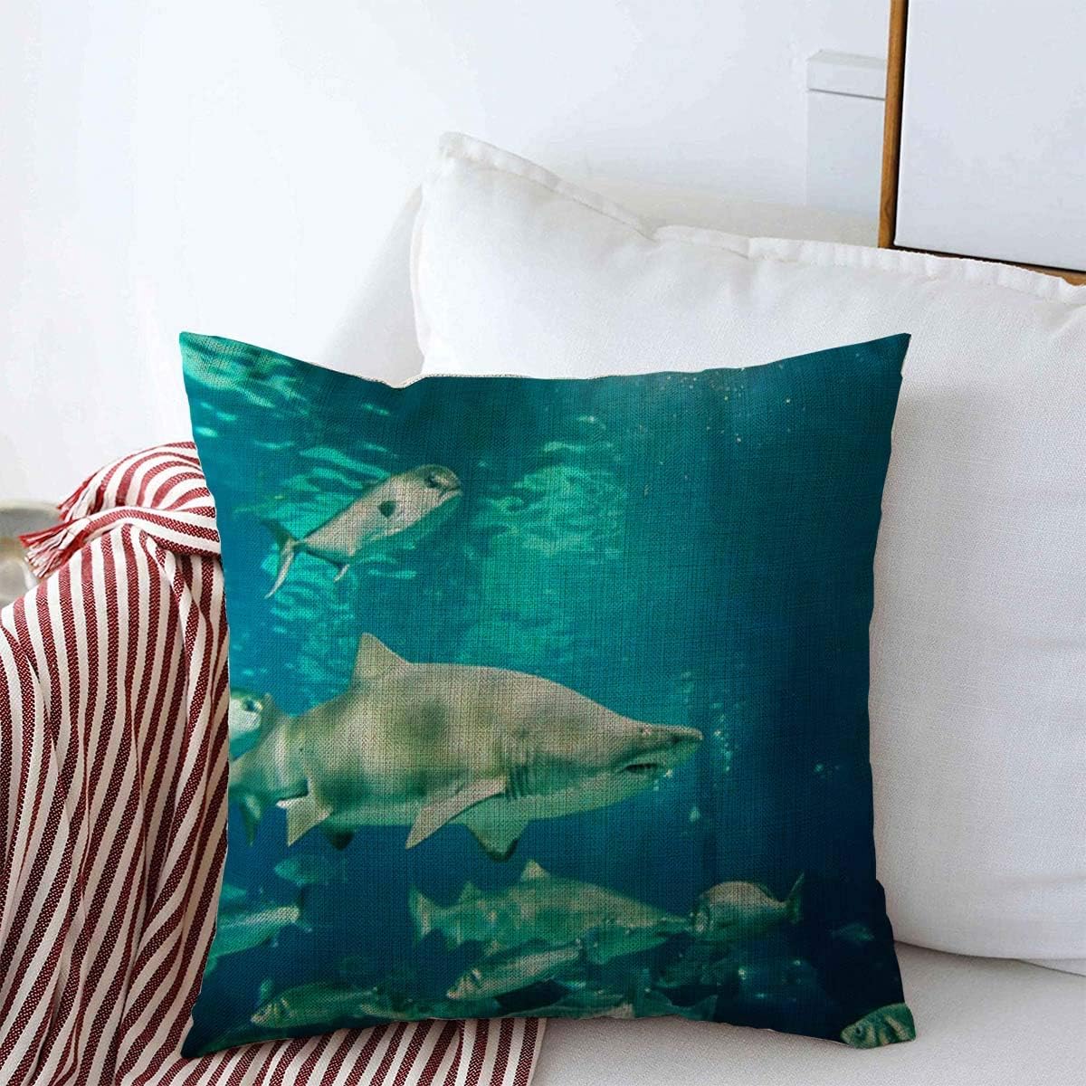 Throw Pillow Covers 16" x 16" Reef Blue Aggressive Sand Tiger Shark Carcharias Dangerous Taurus Underwater Wildlife Red Aquarium Cushion Pillowcase Linen Cases for Winter Home Decoration