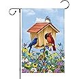 Louise Maelys Welcome Spring Bird Garden Flag 12x18 Double Sided Vertical, Burlap Small Floral Cardinal Birdhouse Yard House Sign Outside Outdoor Home Summer Decoration
