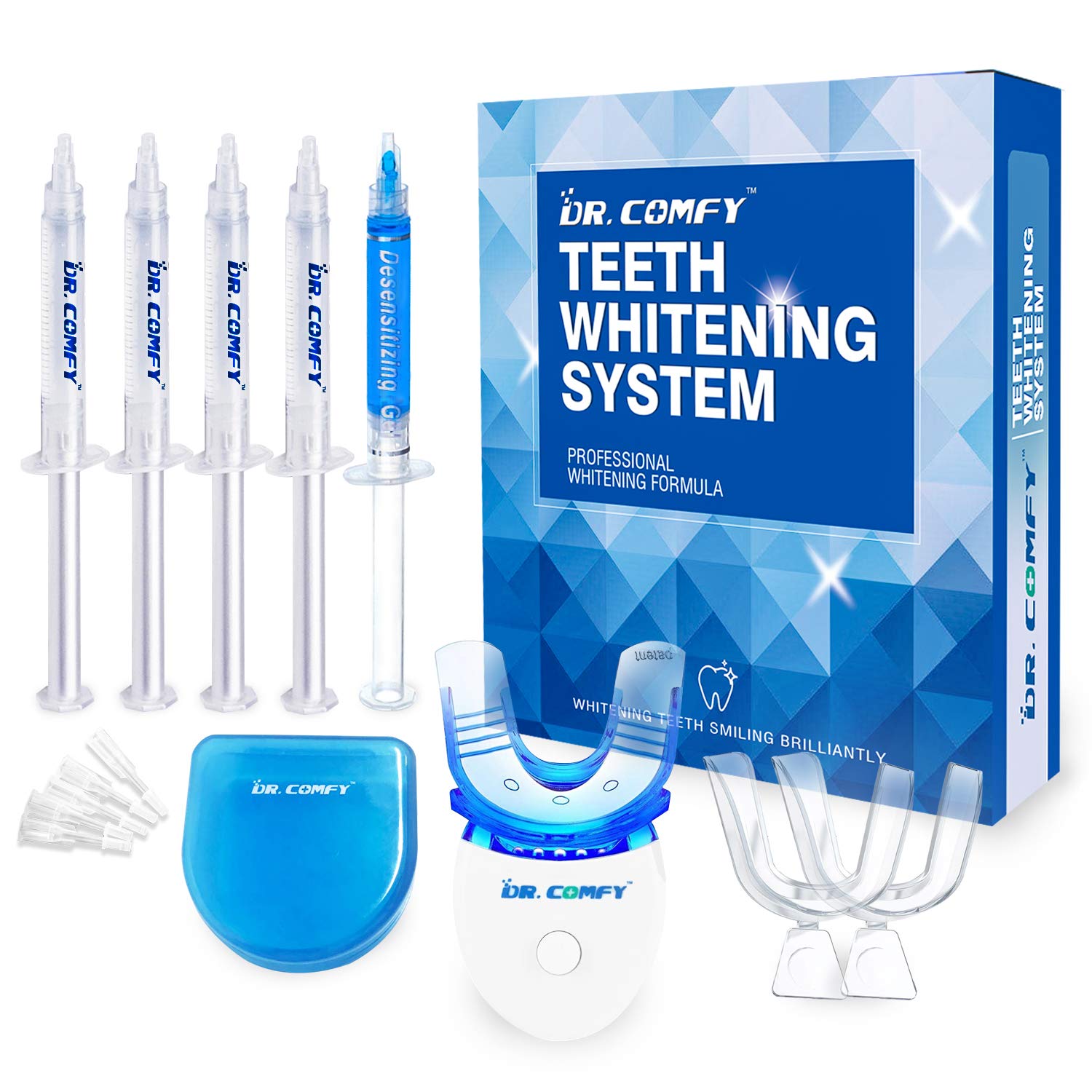 Teeth Whitening Kit-Dr. Comfy, with LED Accelerator Light, (4X)35% Carbamide Peroxide,(1X) Desensitizing Gel for Sensitive Teeth and Gums, Trays and Case, Professional Teeth Whitener: Beauty