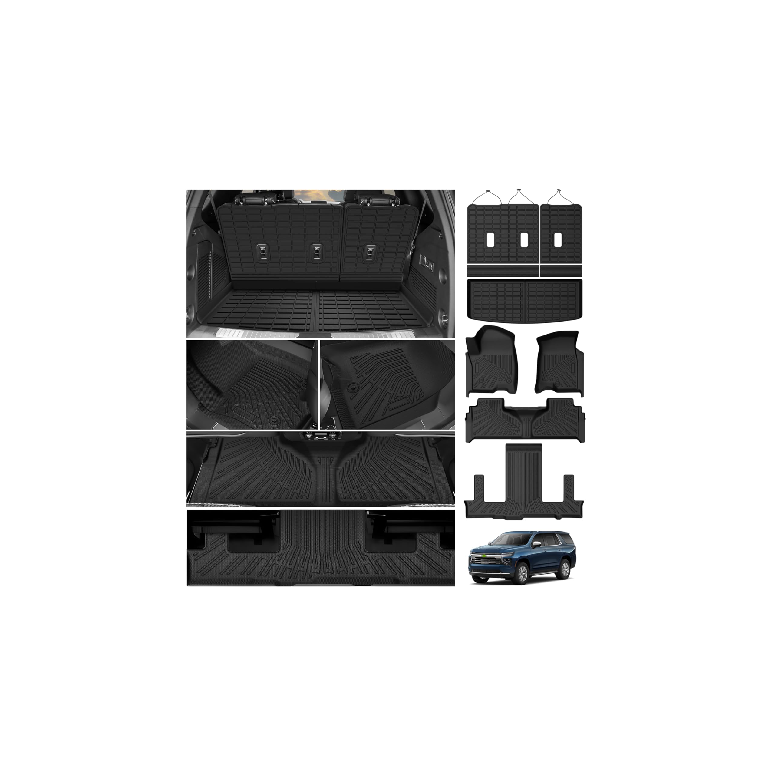 Powerty Floor Mats for 2021-2025 2026 Chevrolet Chevy Tahoe/GMC Yukon 7 Passenger Car Mats, All Weather TPE Custom Cargo Liner Seat Back Covers Protectors Full Set Car Accessories (Not for Yukon XL) Image