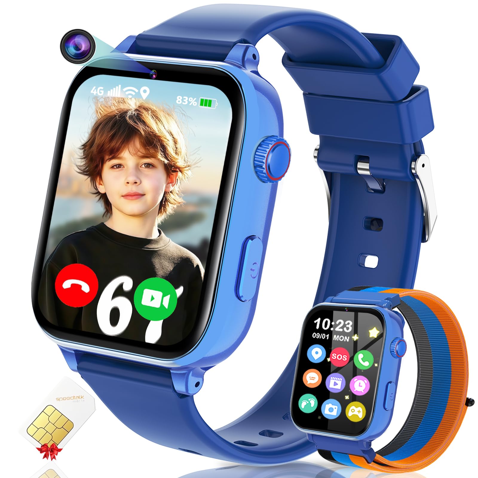 Photo 1 of 4G Kids Smart Watch GPS Tracker, Smartwatch for Kid with Video Calling, Voice Chat, Class Mode, SOS , Pedometer, Alarm, Games, SIM Card HD Touch Screen Phone Watch Gift for 4-12 Girls Boys, Blue