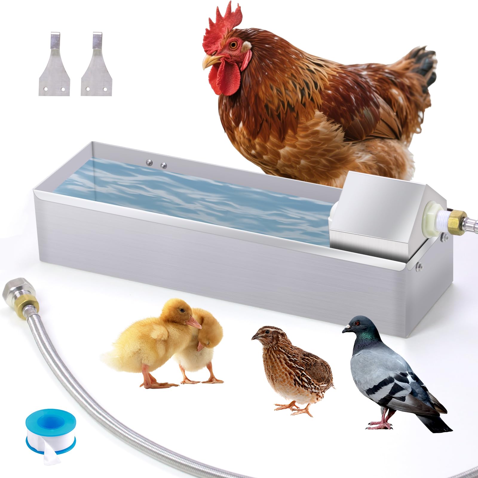 Photo 1 of Automatic Chicken Waterer Feeder 1 Gallon Large Stainless Metal Poultry Waterer Dispenser Hanging Chicken Watering System with Float Valve Hose Kit for Pigeon Duck Goose Turkeys for Chicken Coop