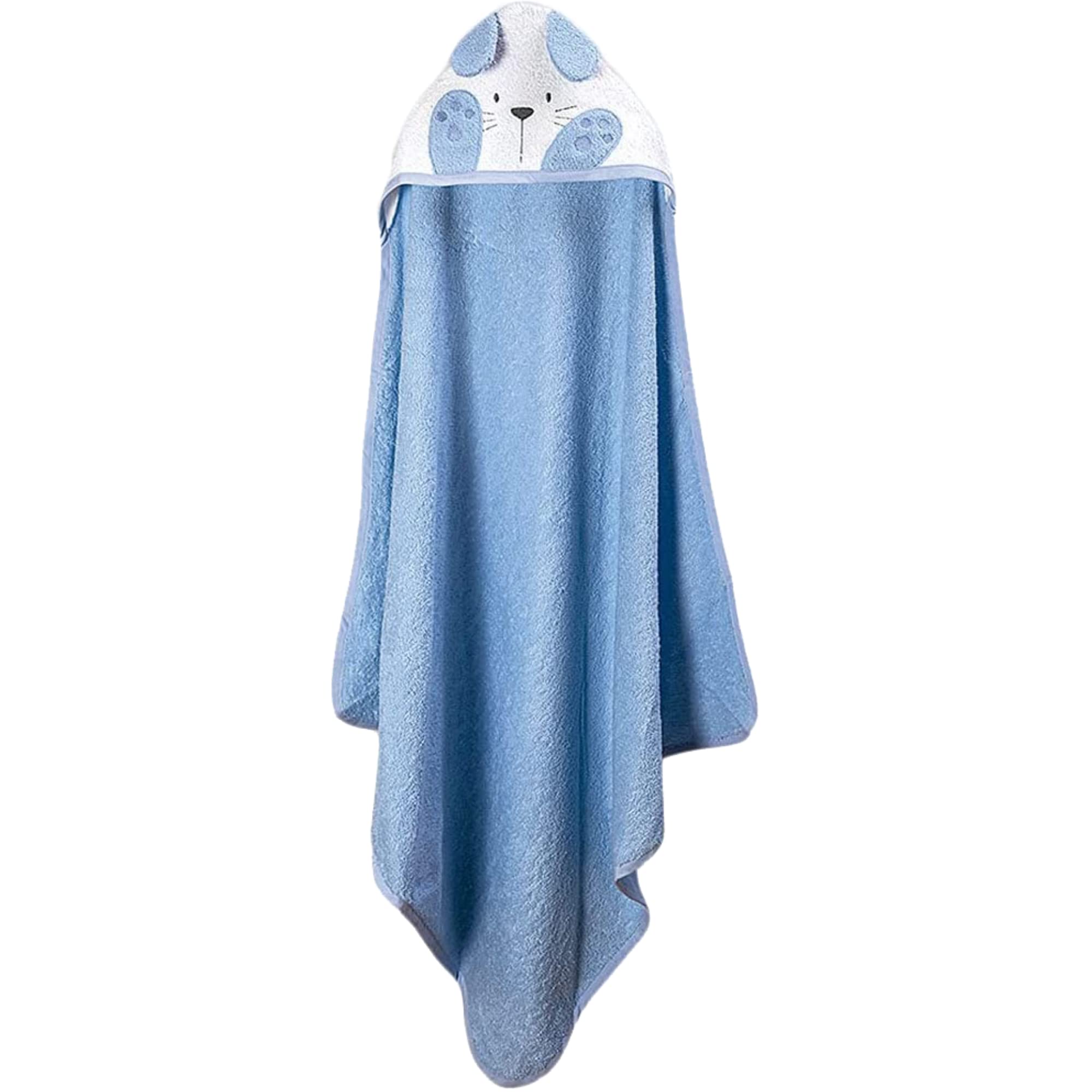 Ti TIN | Baby Bath Cape, 100 x 100 cm | Soft, Comfortable, Absorbent Bath Towel - 90% Cotton 10% Polyester - Terry Cloth - Rabbit Design - Blue and White - 340 g/m²