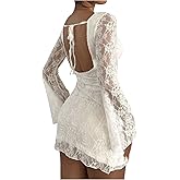 SOLY HUX Women's Lace Mini Dress Tie Backless Bell Long Sleeve Crew Neck Bodycon Dresses