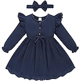 Sinhoon Toddler Fall Dress Baby Girl Dress Ruffle Long Sleeve Toddler Girl Dress Smocked Baby Fall Dresses with Bow Headband