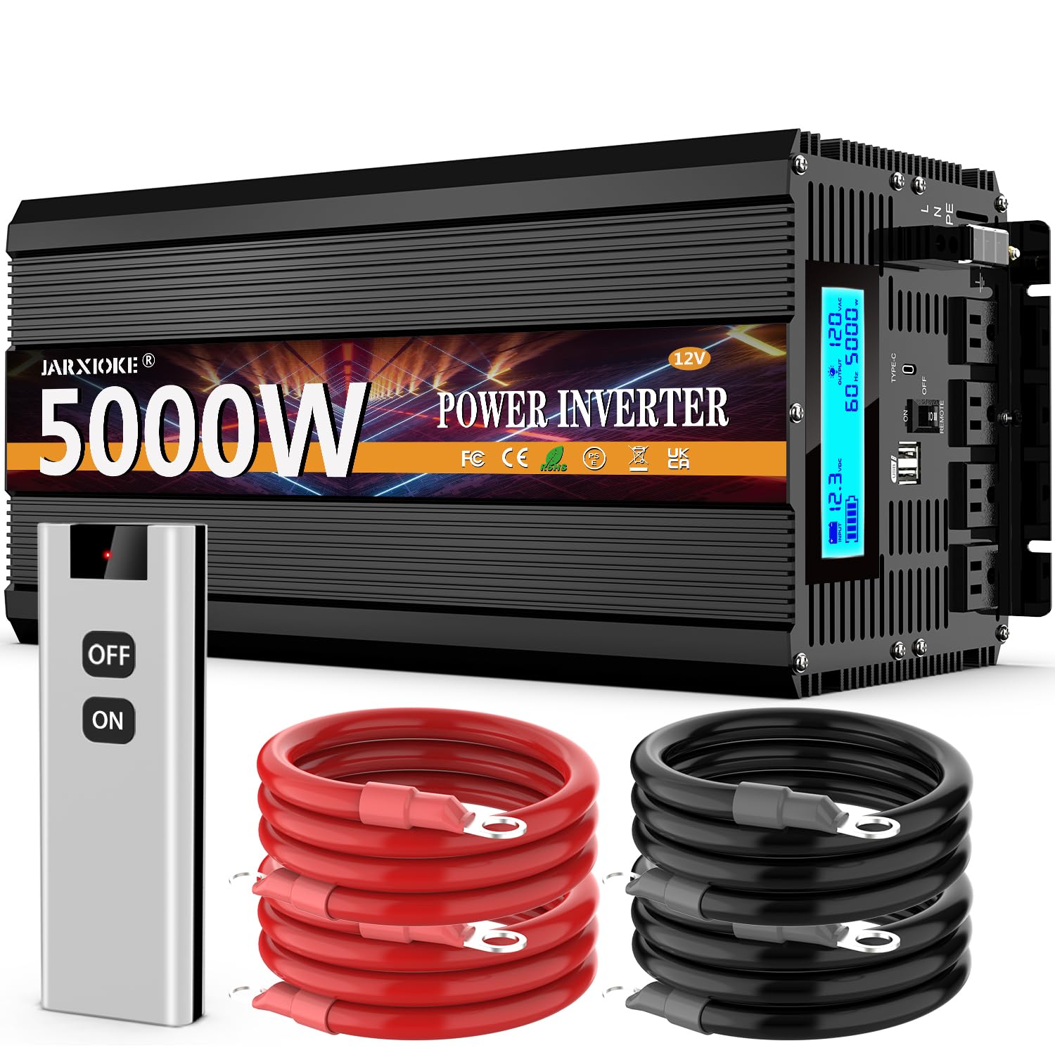 Photo 1 of 5000 Watt Power Inverter 12V DC to 110V 120V Converter for Family RV Off Grid Solar System Car with Type-C Ports 3 AC Power Outlets Dual USB Ports LCD Display Wireless Remote Control