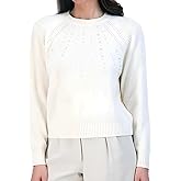 French Connection Women’s Pearl Embellished Sweater - Long Sleeve Crewneck Pullover Knit Fashion Top