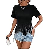 MakeMeChic Women's Crew Neck Short Sleeve T Shirt Top Fringe Tassel Summer Casual Tee Tops