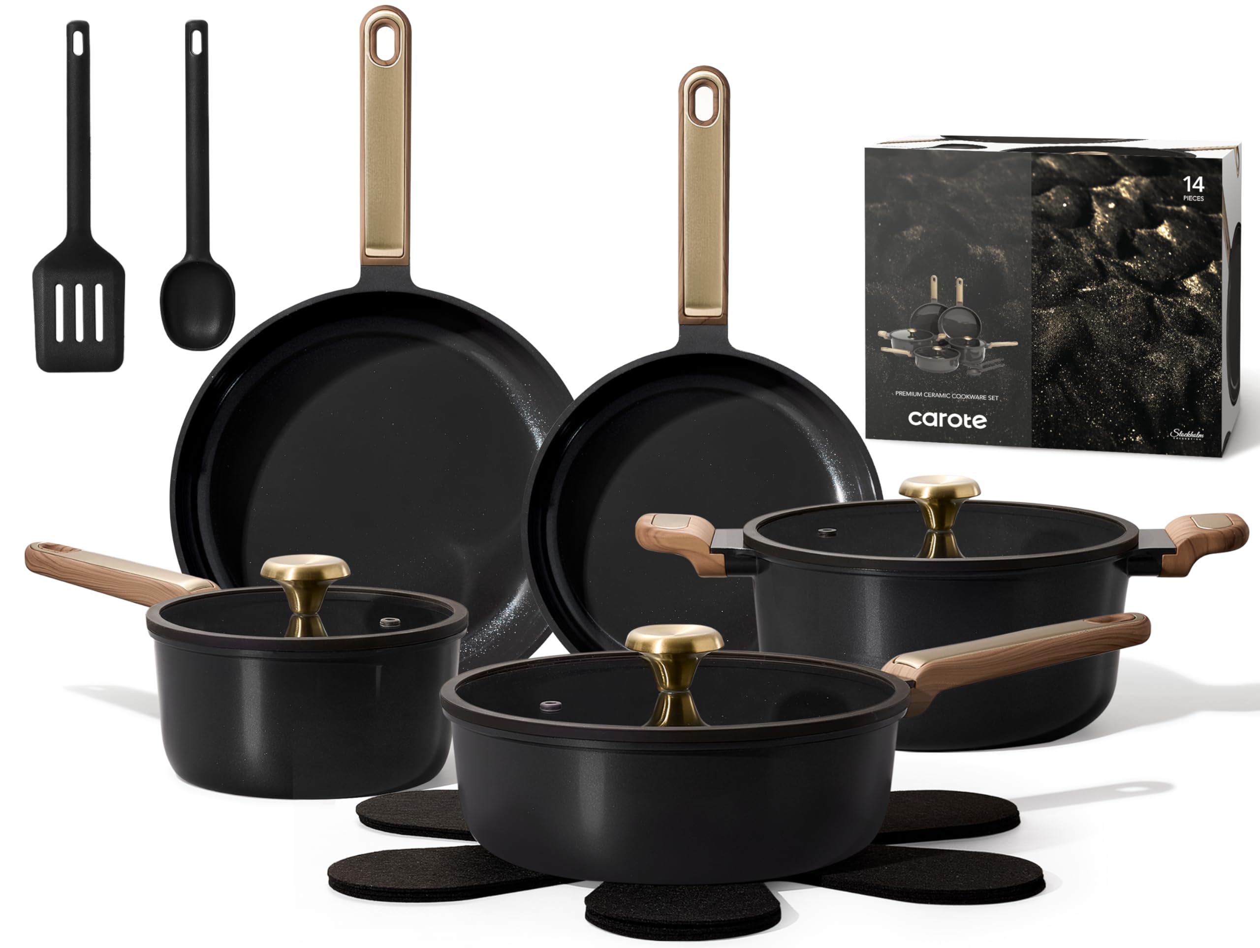 Photo 1 of ** HANDLE OR POT HOLDER BROKEN *** CAROTE Ceramic Cookware Set Nonstick, 14pcs Pots and Pans Set Nonstick, Non-Toxic & PFAS-Free, Dishwasher, RV/Camping Cookware Set, Cooking Pots with Lids, Charcoal Black