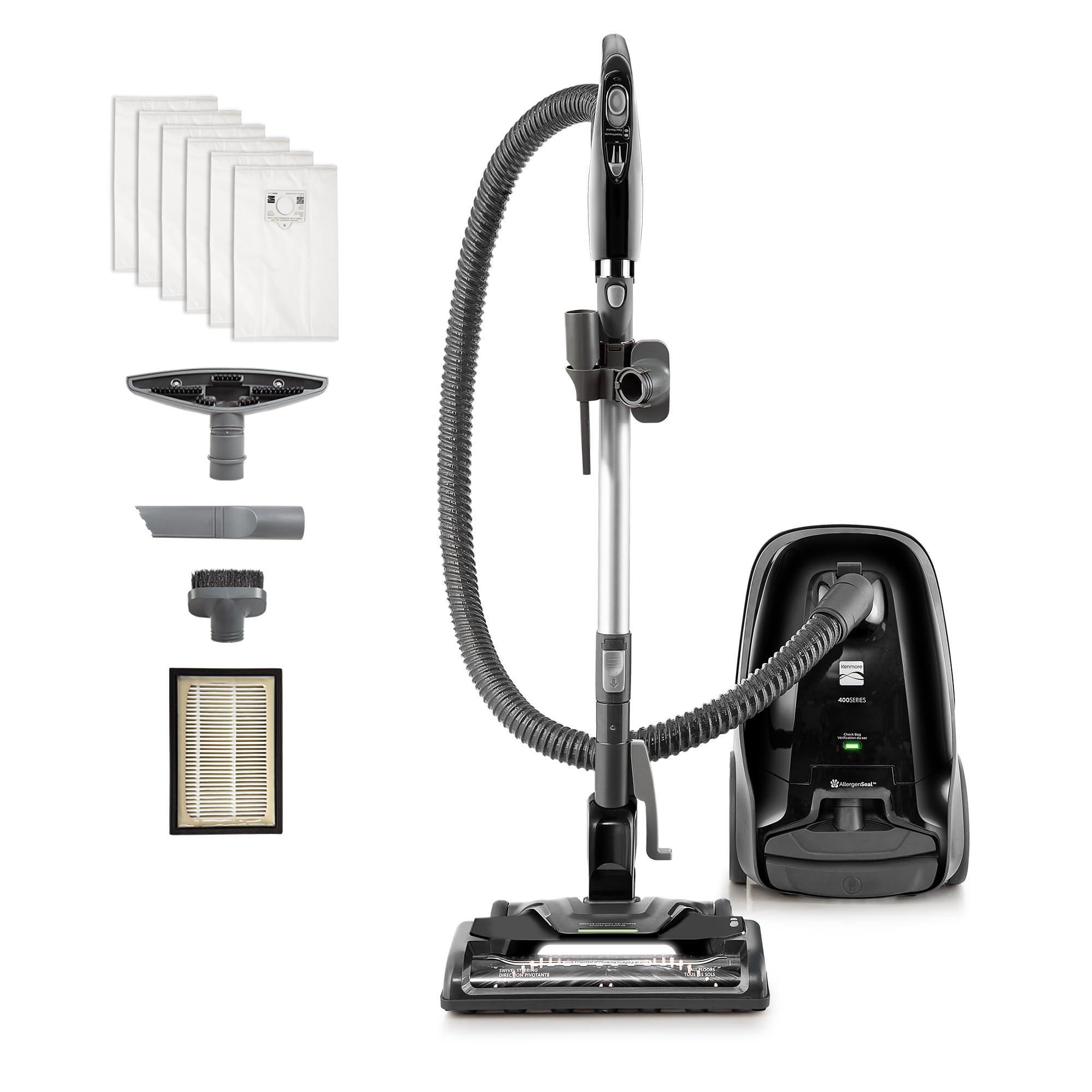 Kenmore BC3006 400 Series Pet Friendly Lightweight Bagged Canister Vacuum Cleaner 2-Motor Design with Hair Eliminator Brushroll, HEPA Filter, LED Headlight, Extended Wand and Auto Cord Rewind