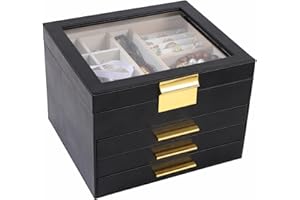 BOOVO Jewelry Box with Glass Lids,White and Black Large Jewelry Boxes for Women 4 Layer Jewelry Holder Organizer for Necklace, Bracelet, Earrings, Rings Storage (Black)