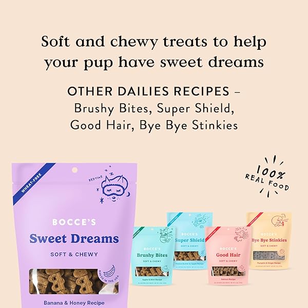 BOCCE’S BAKERY DAILIES SWEET DREAMS DOG TREATS FOR BEDTIME SUPPORT, WHEAT-FREE DOG TREATS, MADE WITH REAL INGREDIENTS, BAKED IN THE USA, NATURAL SOFT & CHEWY, BANANA & HONEY, 6 OZ