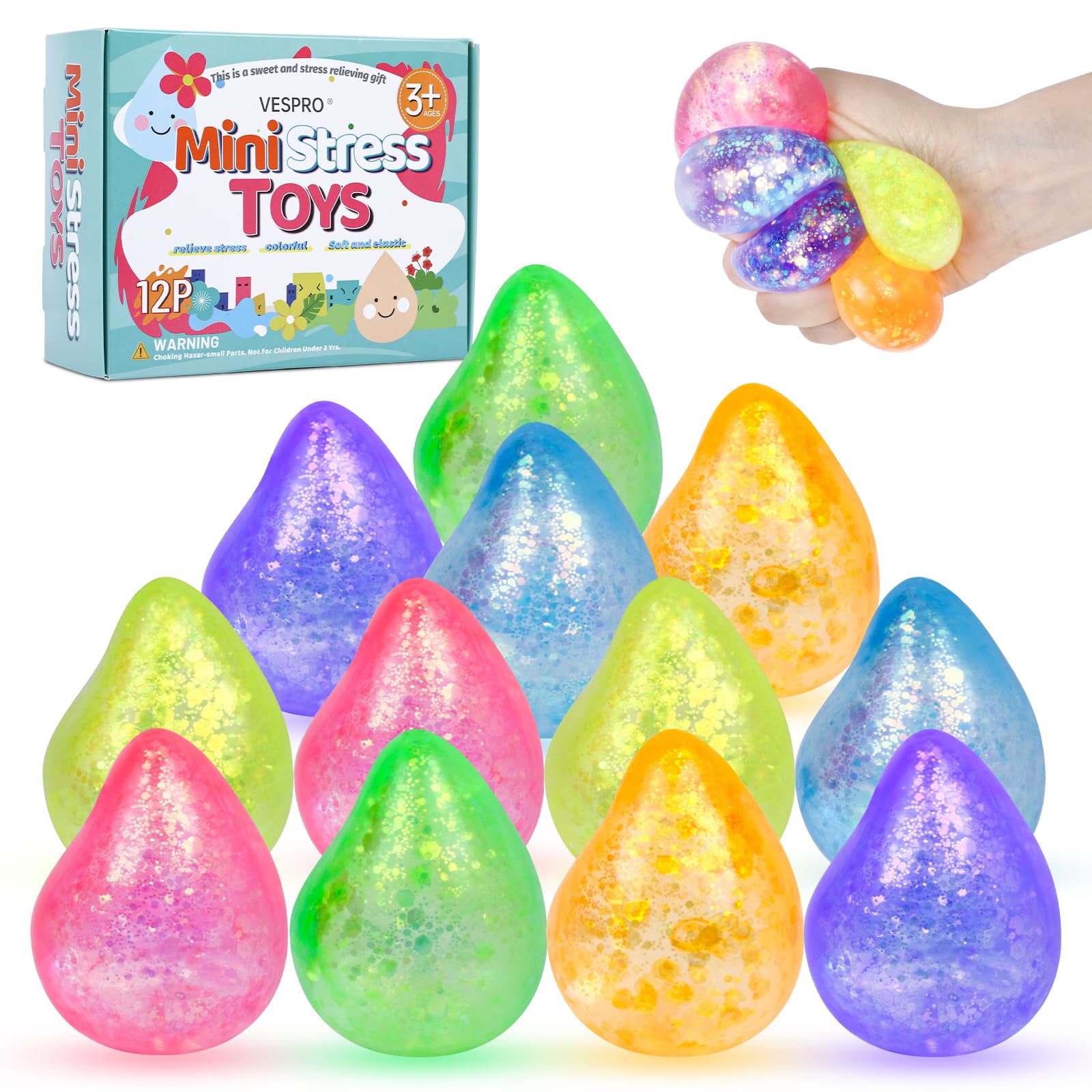 Photo 1 of 12 Pcak Fidget Stress Balls, Slow Rising Stress Ball for Kids Adults,Hand Therapy Sensory Squishy Ball,Bulk Squishy Squeeze Ball Set and Birthday Party