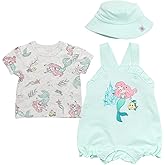 Disney Junior Baby Girls French Terry Short Overalls, T-Shirt & Hat 3 Piece Outfit Newborn to Infant Sizes (0-24 Months)