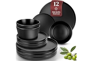 PURE LIVING INTERIOR DESIGN Ceramic Dinnerware Set - Scratch Resistant, Dishwasher & Microwave Safe Stoneware - 12 Piece Plates and Bowls for 4 - Matte Black