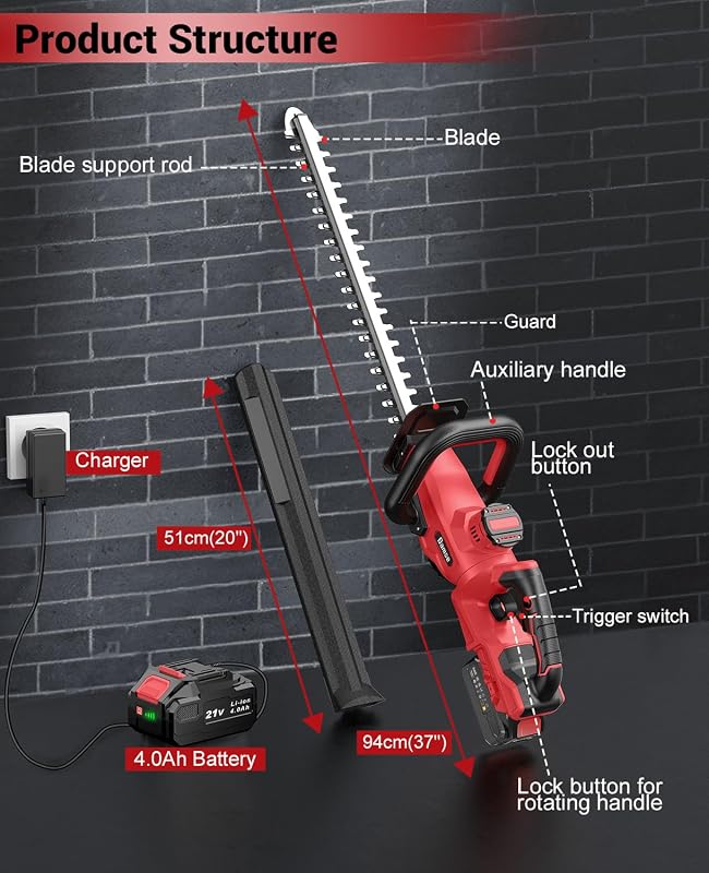 Tagliasiepi a Batteria 21V, Tagliasiepi Elettrico con 4.0Ah Batteria, 180° Regolabile Tagliasiepi, 51cm Lunghezza Lama, 16mm Distanza tra i Denti, Copri Lama per Siepi, Rami, Arbusti, Ramoscelli