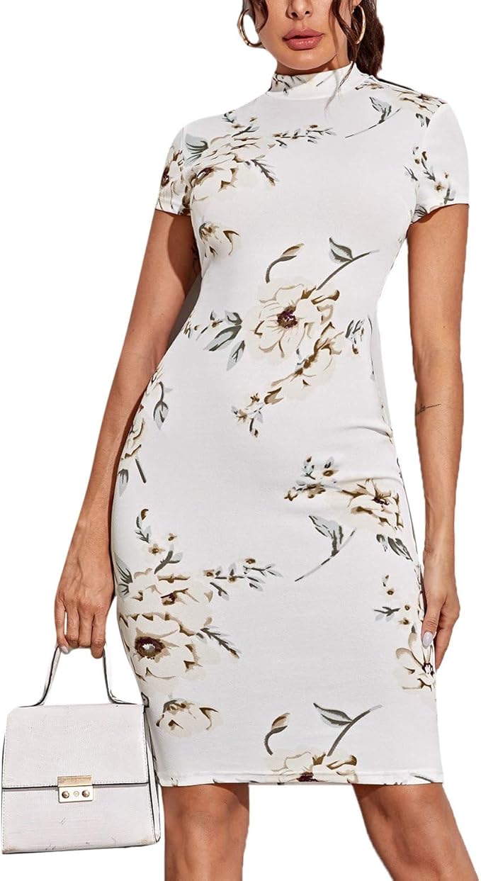 Amazon Romwe ワンピース タイト レディース パーティードレス 半袖 花柄 ボディコンドレス ロングワンピース セクシー 着痩せ シルエット 大人 キレイめ シンプル チュニック 春 夏 秋 パーティードレス 通販