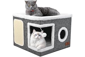 Cat House for Indoor Cats, Foldable Cat Bed with Scratch Pad and Fluffy Ball, Large Cat Cave 2 in1 Cat Hideaway with Reversib