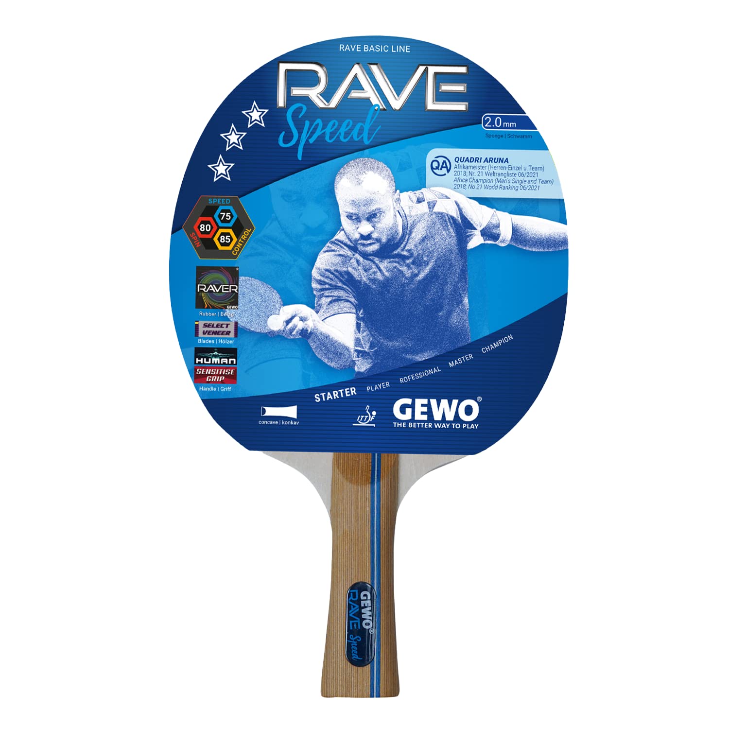 GEWO Table Tennis Bat Speed Concave with 2.0 mm Thick Raver Pads, Brown, One Size