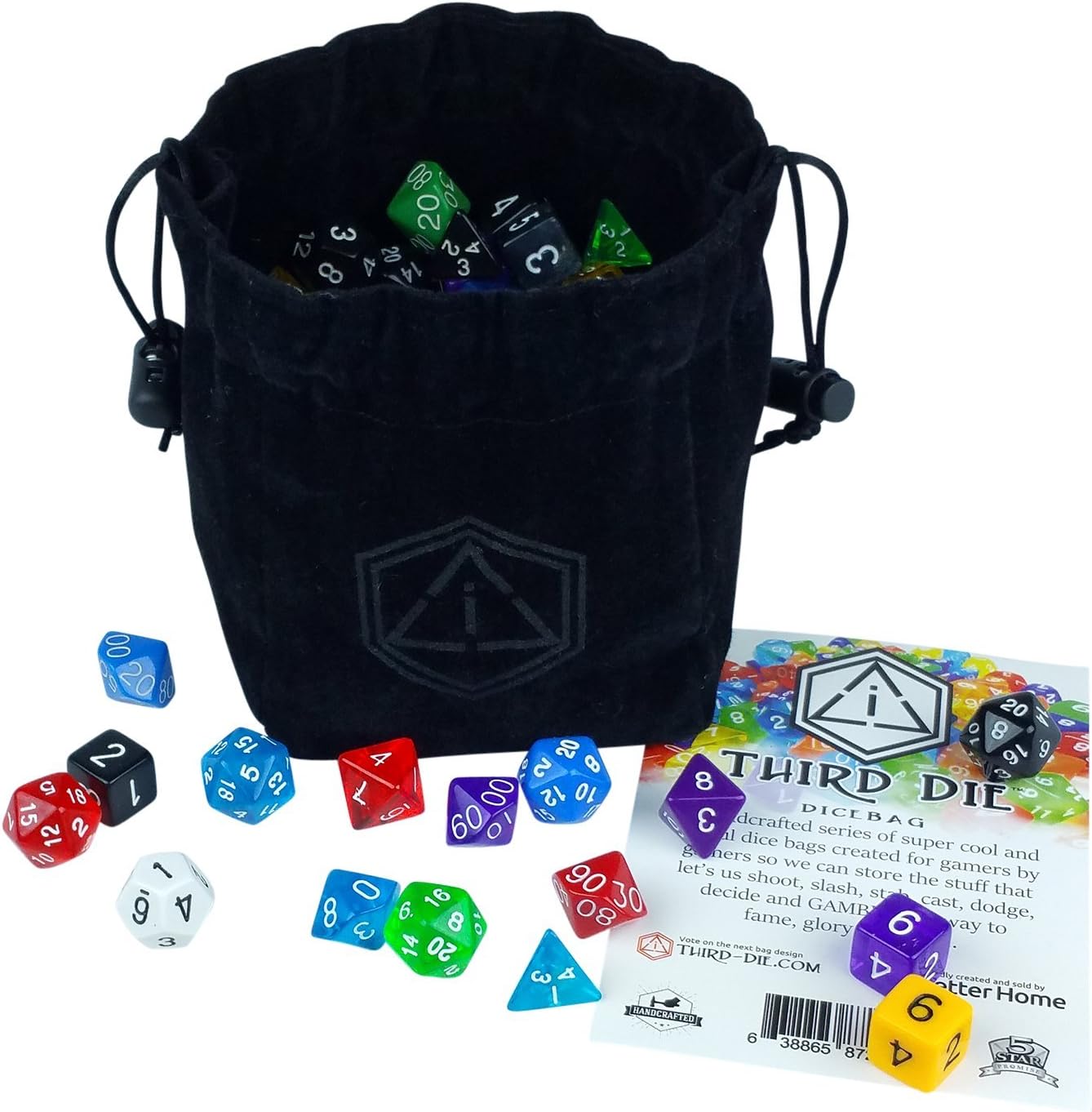 Third Die Dice Bag - Handcrafted, Reversible Drawstring Bag. Stands Open On The Table, Locks Closed Tight. This is The All-Black Void Bag - 1 of 12 Styles we Sell here on Amazon.