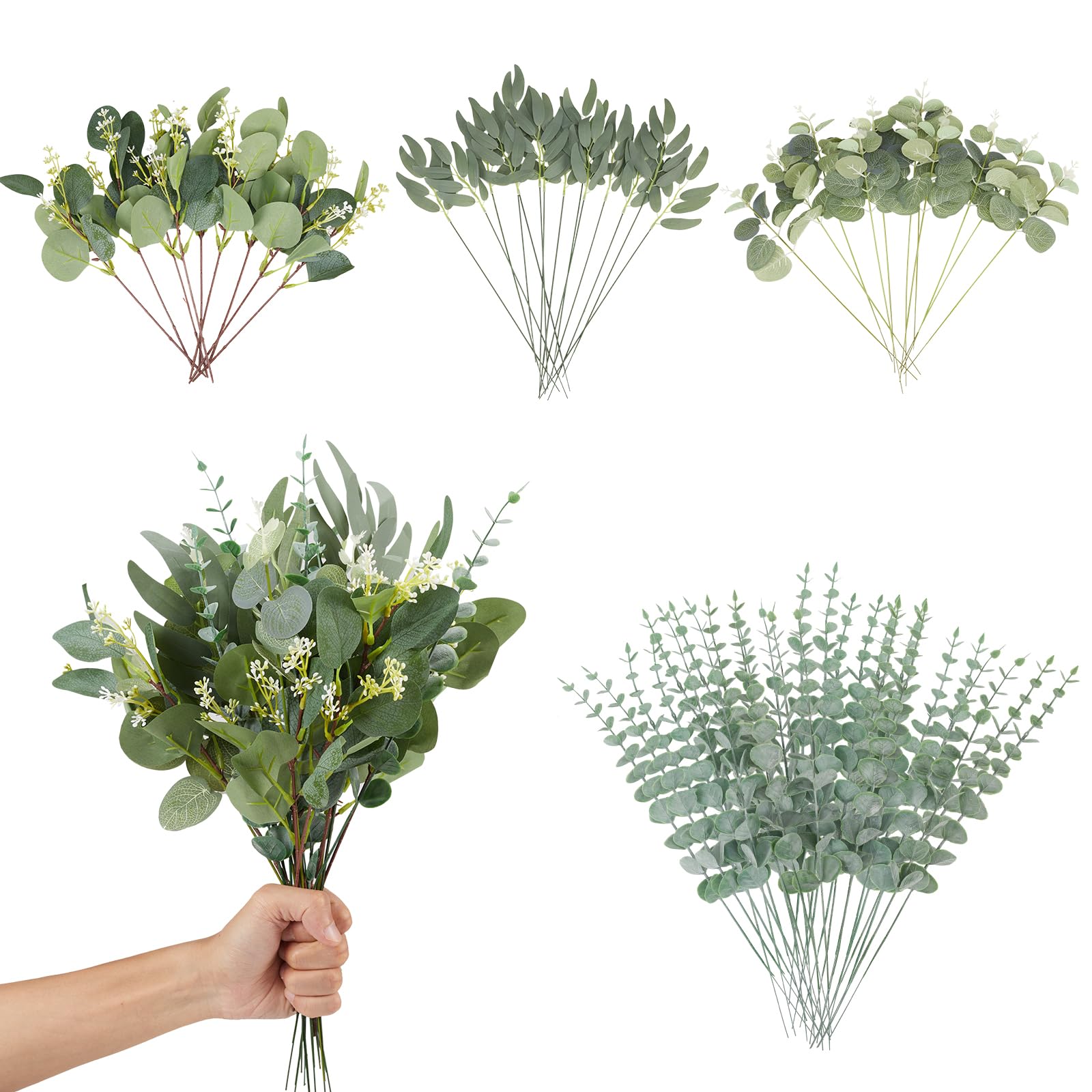 Photo 1 of 120 Pcs 4 Kinds Mixed Eucalyptus Leaves Stems Bulk Artificial Silver Dollar Leaves Picks Dried Eucalyptus Bundle Faux Spray for Wedding Vase Bouquet Floral Arrangement