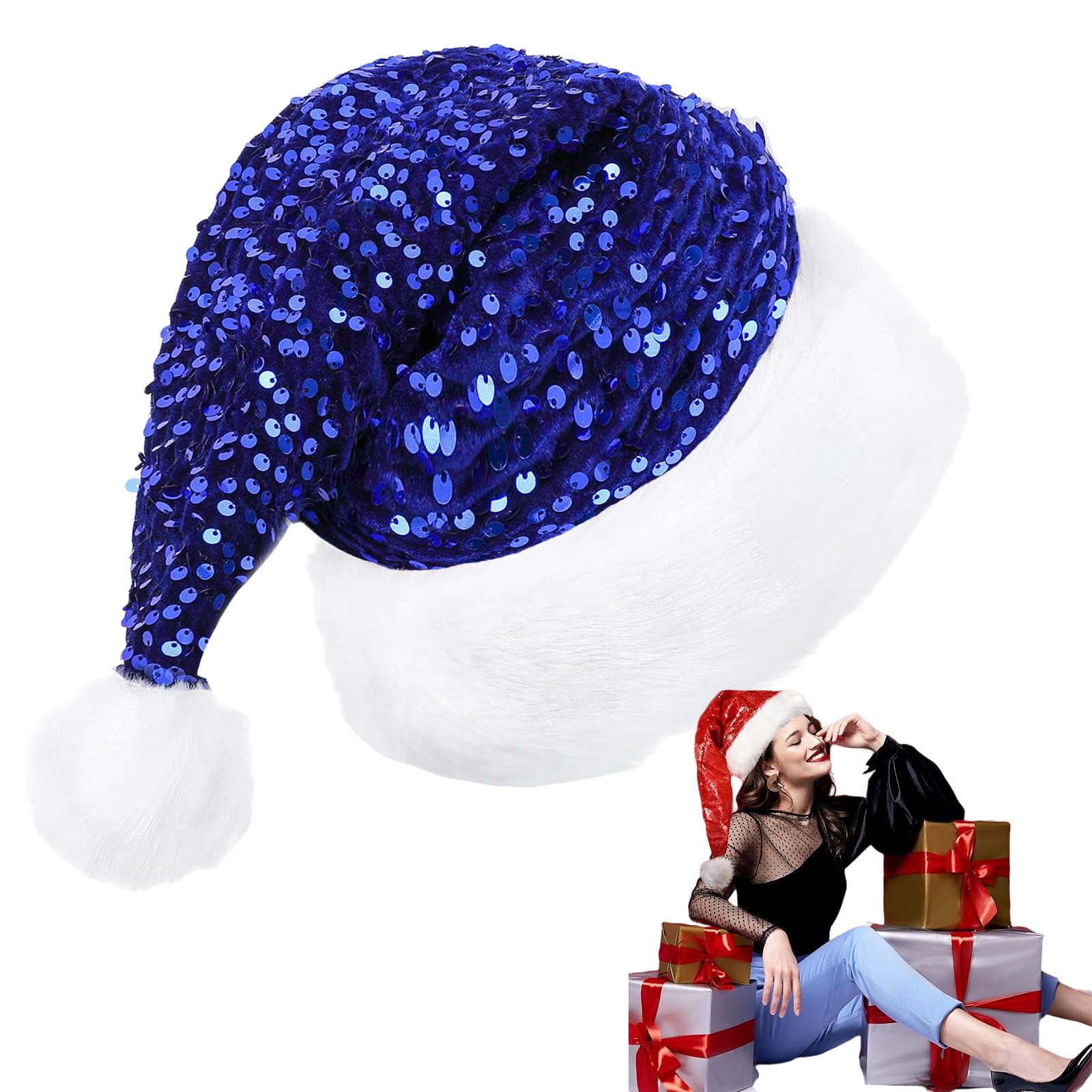 Darkblue Sequin Santa Hat - Classic Velvet Plush Santa Claus Hat, Unisex Christmas Costume, Adults Xmas Cap for Parties & Holidays - 35x45CM