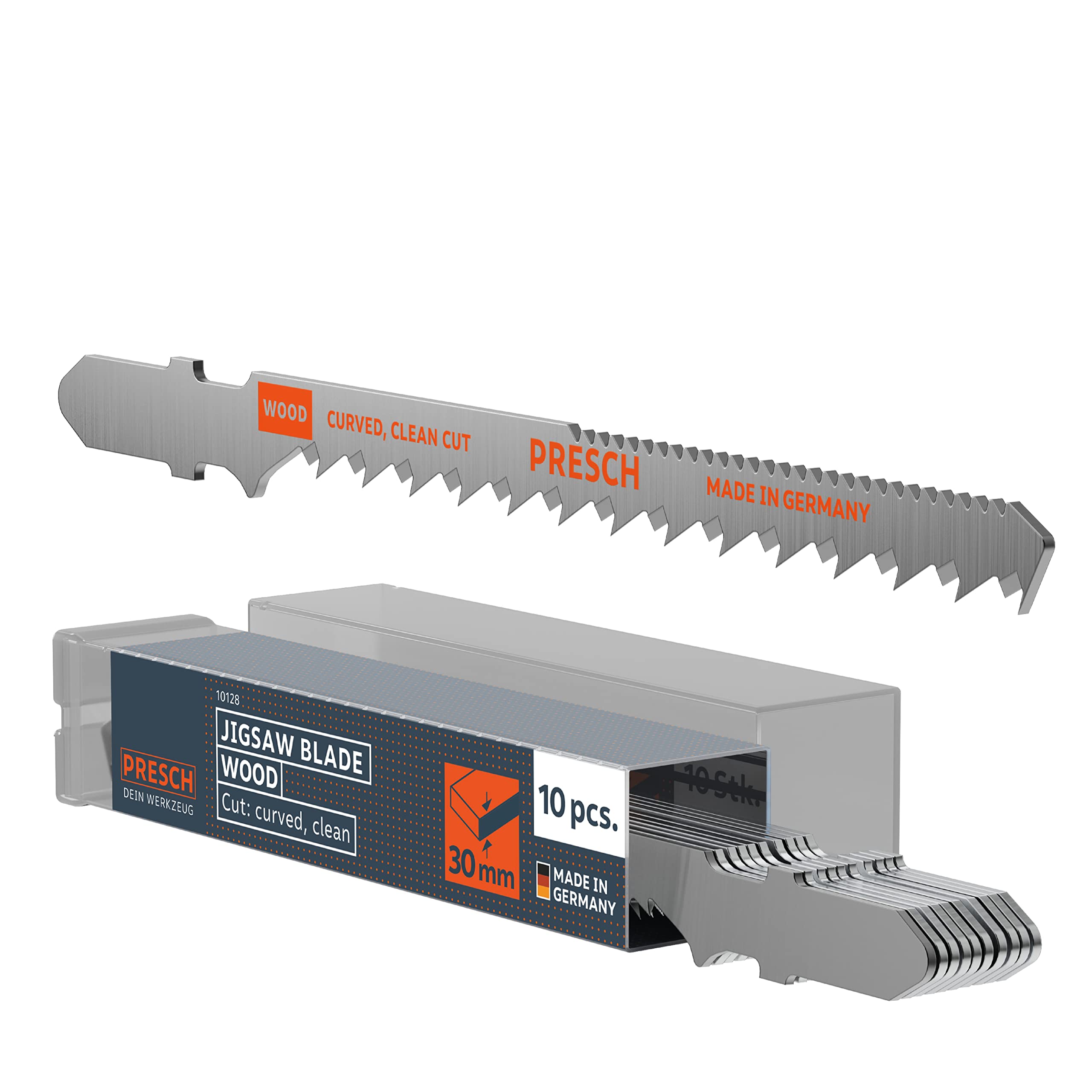 Presch Jigsaw blades Wood 10 pcs. (Fine, curve) - Very clean curved sawing (4-30mm) - Durable T shank saw edges for all jigsaws - Saw edges for chipboard sheets, softwood, MDF and many more