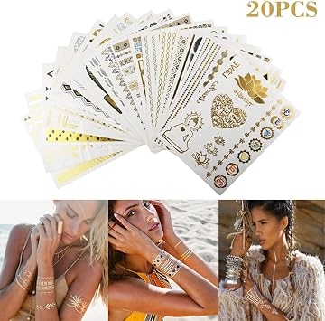 Dazspirit Tatouage éphémere 20 Pièces Temporaires Tattoos Faux Tattoo Doré Métalliques Brillant Planche Pour Femme Homme Enfant Motifs Variés