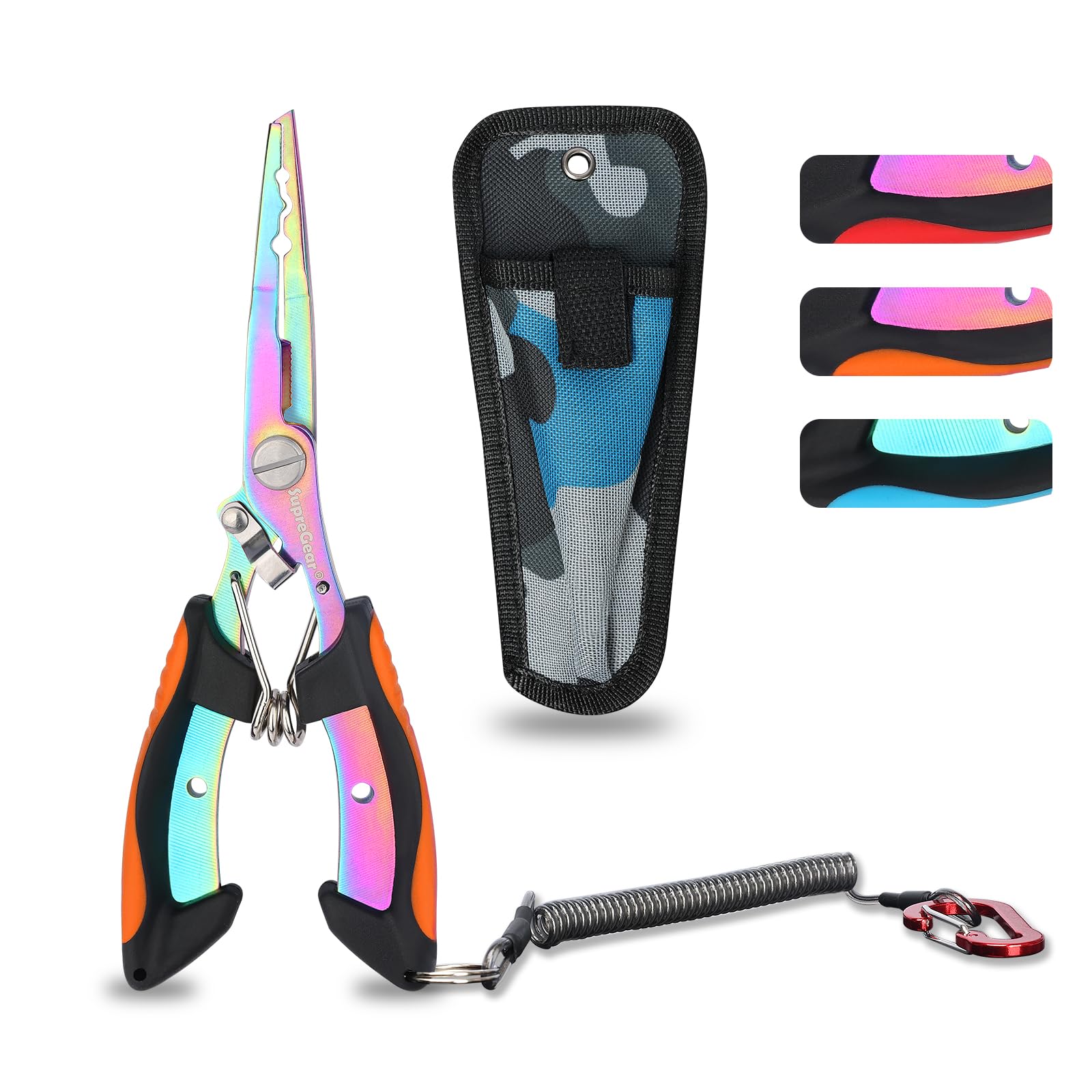 supregear Fishing Pliers, Multi-Colored Stainless Steel Tools with Split Ring, Fish Hook Remover, Line Cutter, Sheath, Lanyard, Saltwater Resistant Fishing Gear, Orange