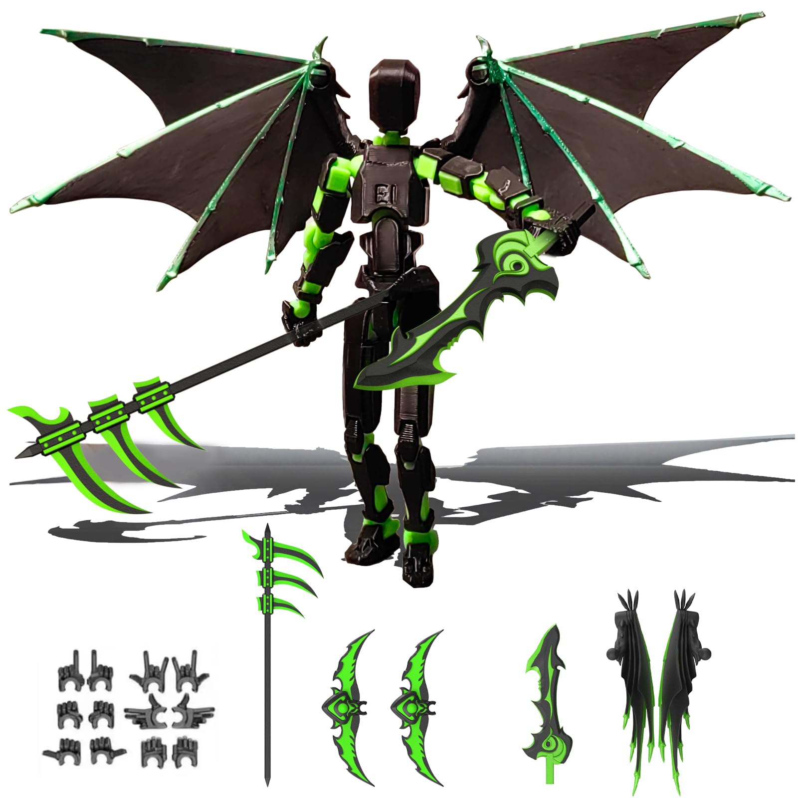 Photo 1 of (Assembly Completed) T13 Action Figure Set,Dummy 13,Articulated Robot with Demon Wings, Titan 13 Robot,Mision 13,t13 Action Figure Accessories(Green Black)