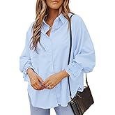whoinshop Women's Striped Button Down Shirts Oversized Smocked Cuffed Boyfriend Shirt Puff Sleeve Blouse Top with 3 Pockets