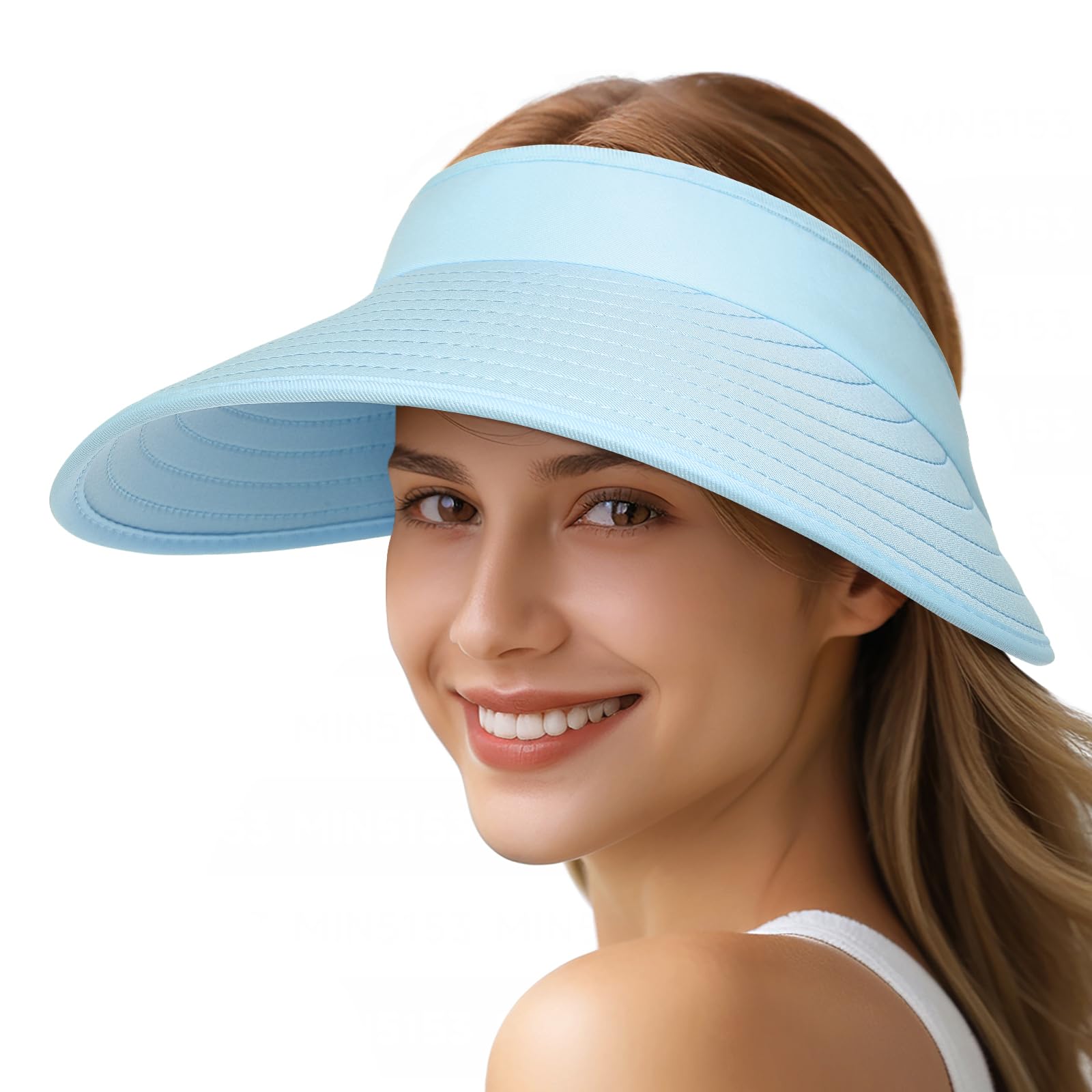 Photo 1 of **CONTAINS MAKEUP STAINS** Sun Hats for Women - Wide Brim Sun Visor Hat for Women, UPF50+ Lightweight Foldable Ponytail Sports Cap Blue