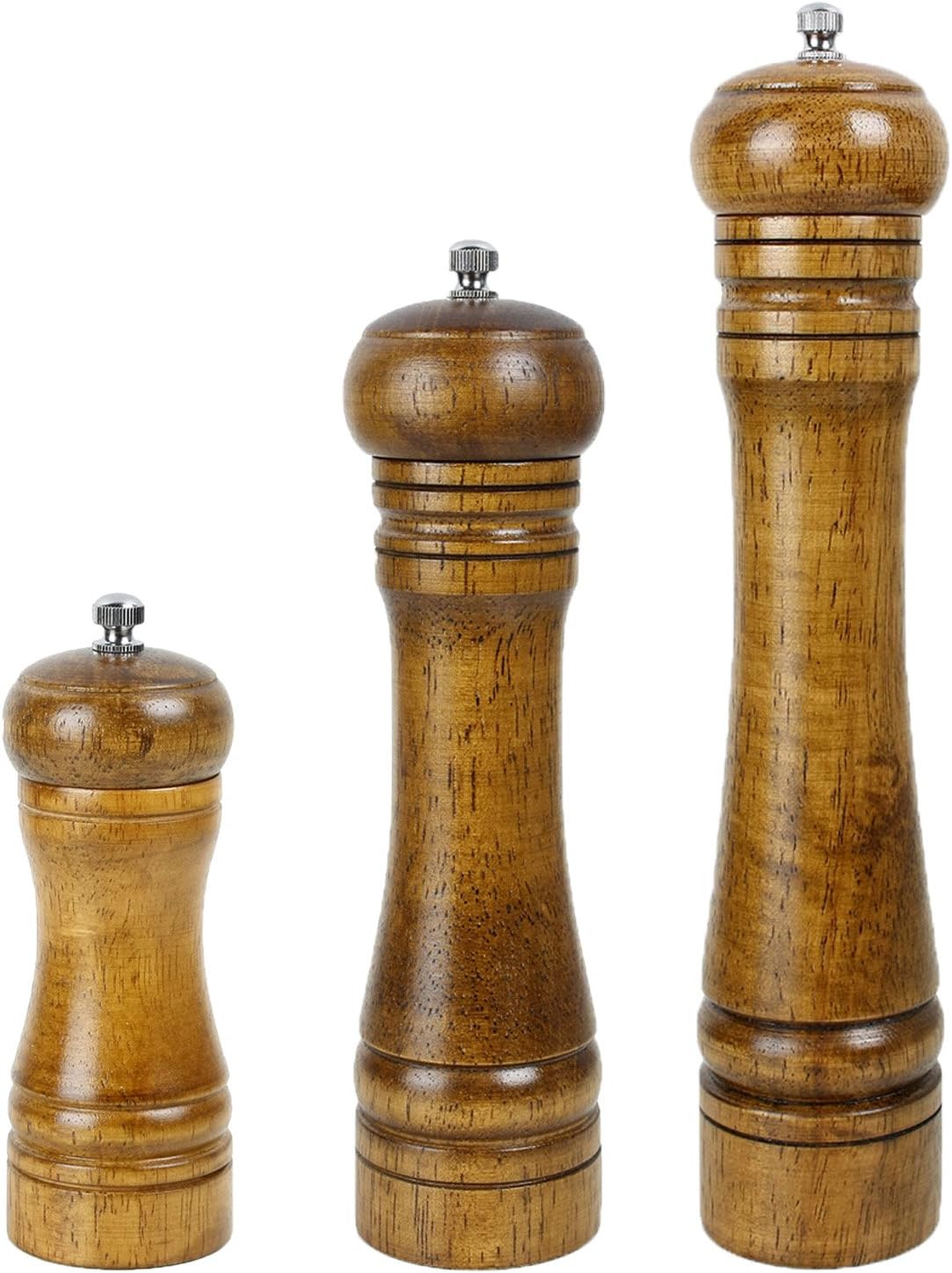 Antrader Salt and Pepper Grinder Set Mill Spice Shaker Wooden Grinder Kit Wood Color 5 Inch,8 inch,10 Inch, Set of 3