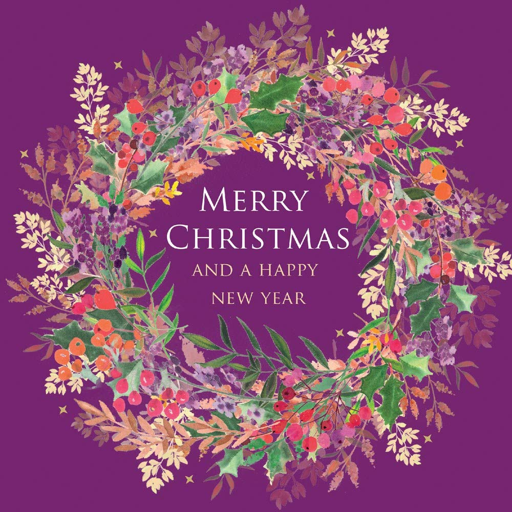 Christmas Cards Wreath On Purple Glitter Finish - Box 10