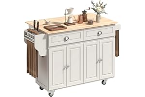 HOMCOM 58" Kitchen Island with Solid Wood Top Rolling Kitchen Cart with Drop Leaf Mobile Kitchen Cabinet with 2 Drawers & Adj