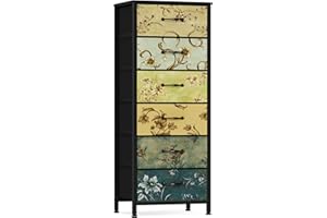 Furnulem Tall 6 Drawers Dresser, Vintage Storage Organizer Unit with Fabric Bins for Bedroom, Living Room, Closet, Nusery, Dorm, Entryway, Bedside Furniture, Sturdy Metal Frame, Wood Top