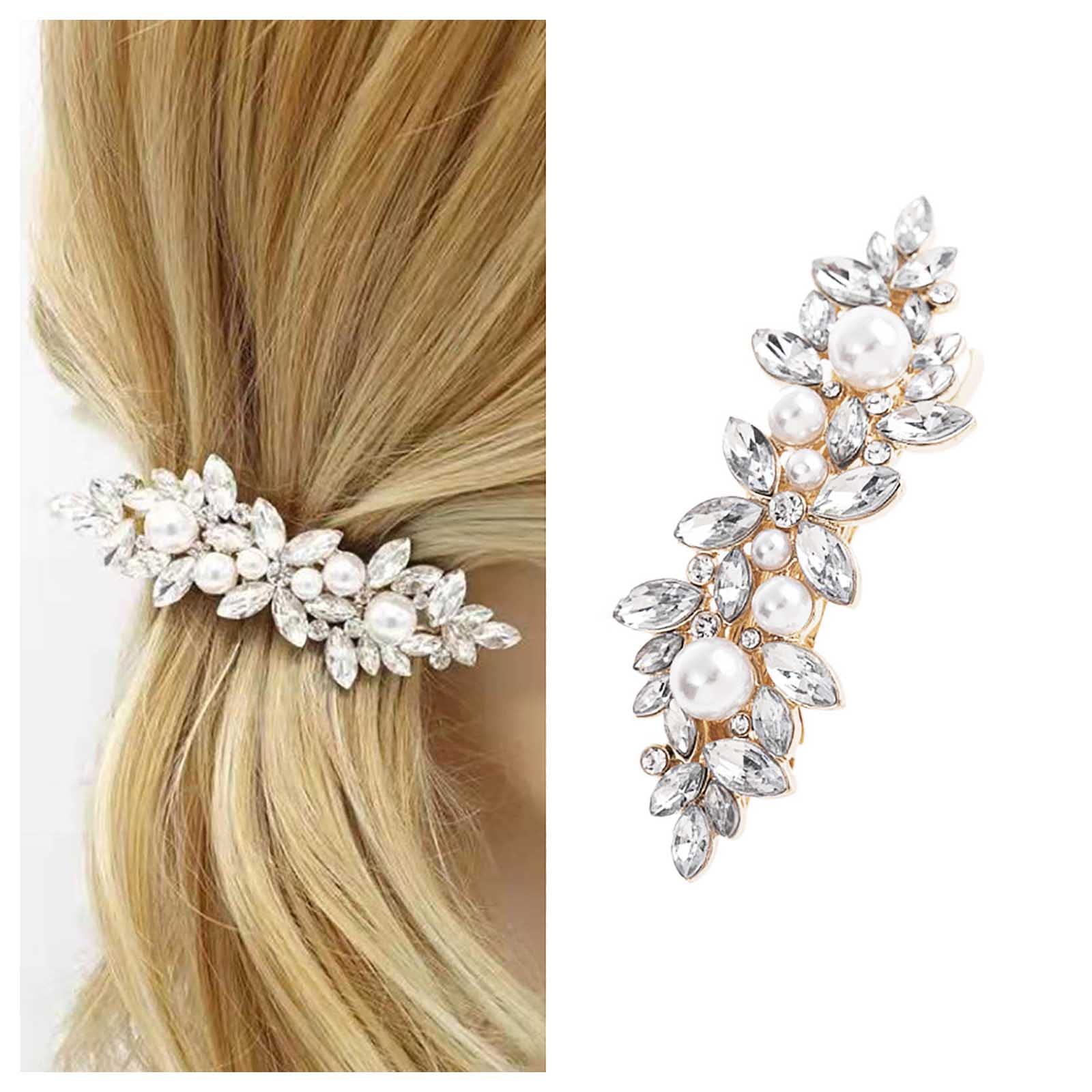 Cimenexe Bohemian Crystal Pearl Hair Clip Sparkly Rhinestone Hair Clip Pin Gold Crystal Hair Pins Clips Paved Flower Hair Barrette Bridal Headwear Decorative Pearl Wedding Hair Accessories Jewelry