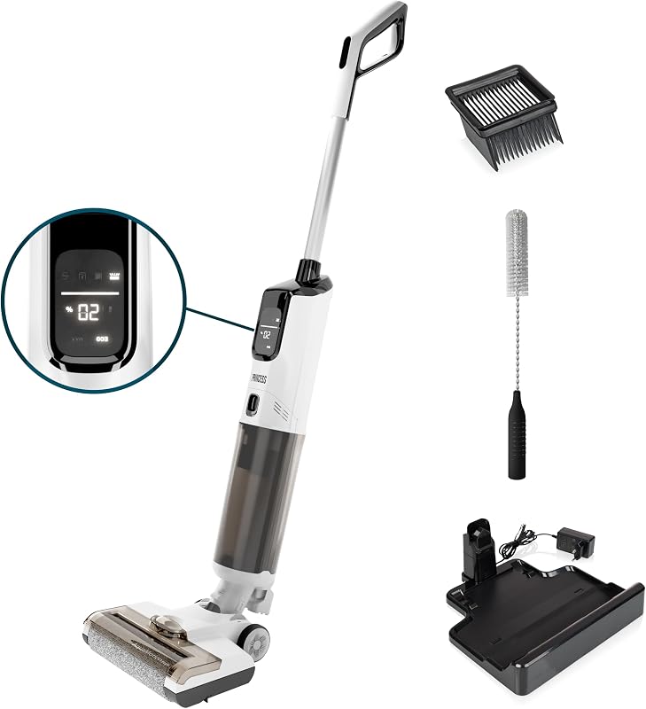 337010 AquaMotion Plus Lavapavimenti, 4 in 1 Aspira, Lava & Asciuga, Senza Fili, 50 Min Autonomia, Filtro HEPA, Autopulizia, 170W, 75dB, Display Intelligente, Base di Ricarica, Leggero