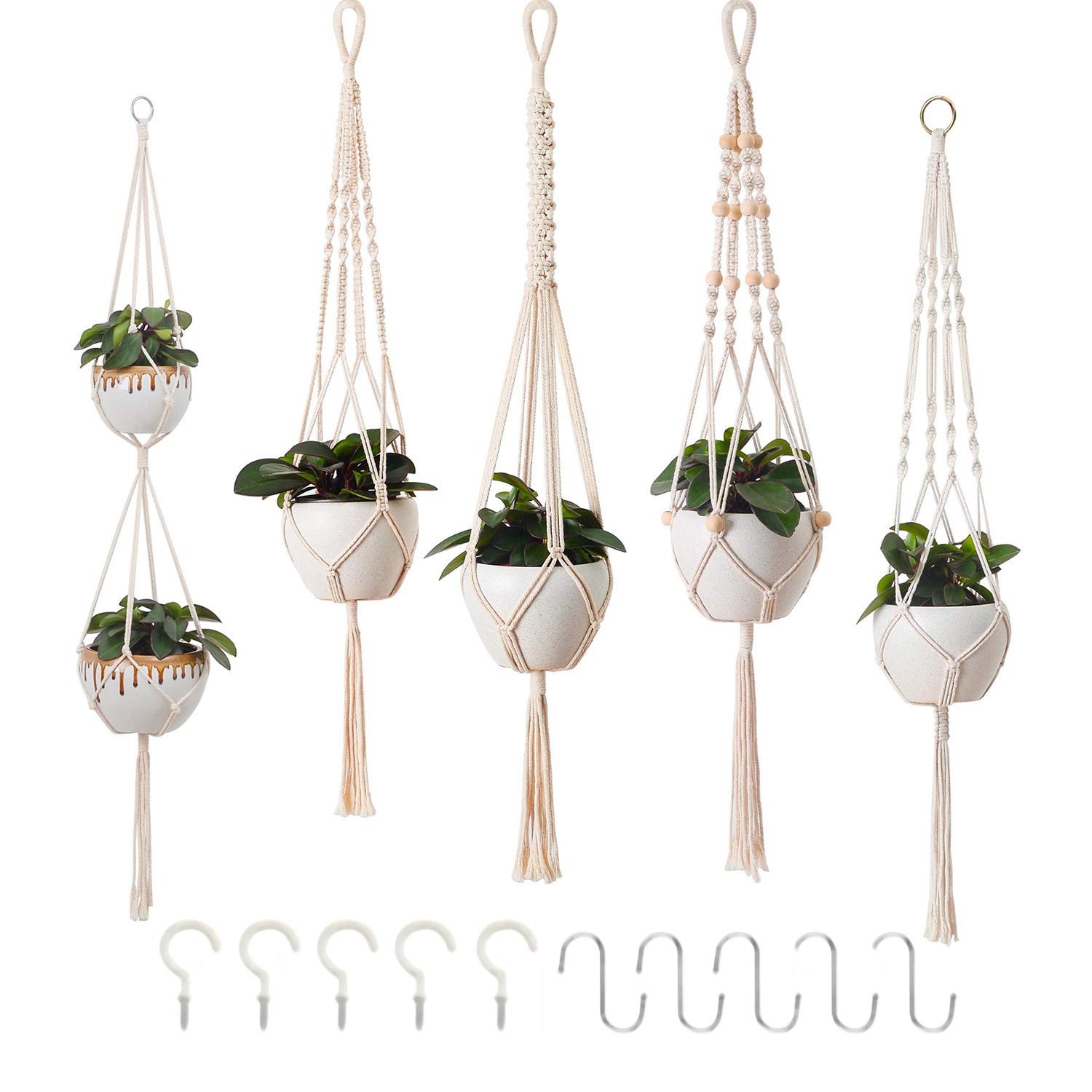 Petutu Set of 5 Macrame Hanging Baskets, Boho Decorative Cotton Rope Hanging Basket, Flower Pot, Plant Holder, Hanger for Indoor, Outdoor, Ceiling, Balcony, Wall Decoration (Beige)