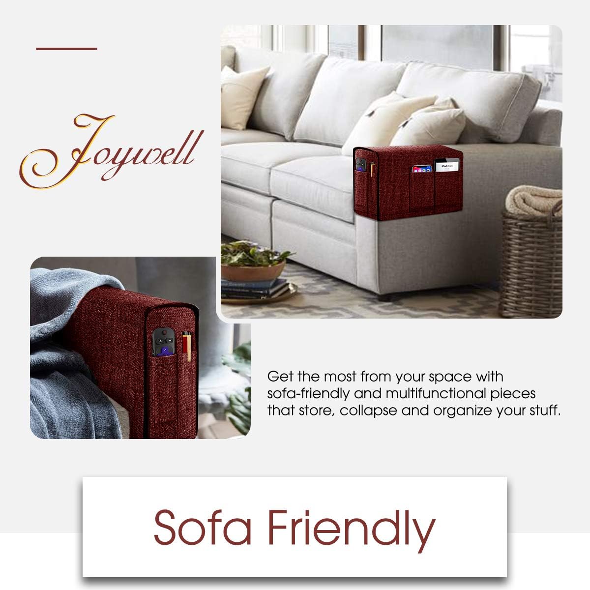 Joywell Linen Armrest Covers for Living Room Anti-Slip Sofa Arm Protector for Dogs, Cats, Pets Armchair Slipcover for Recliner with 4 Pockets for TV Remote Control, Phone, Set of 1, Burgundy: Kitchen & Dining