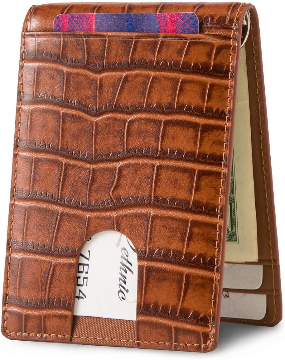 Lethnic Slim Money Clip Wallet, Bifold Leather Business Card Holder With ID Window