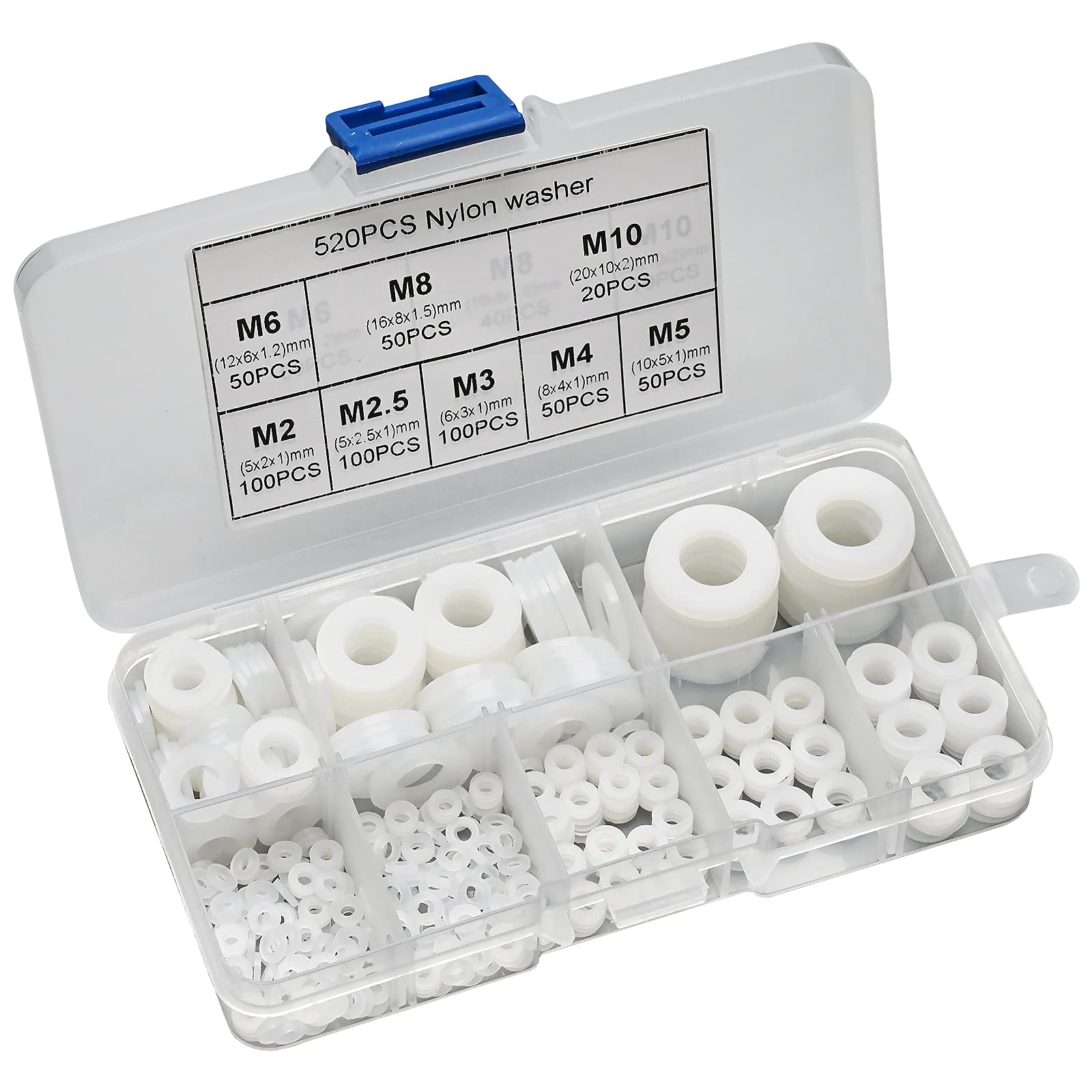 520pcs Nylon Washers, Plastic Round FlatSpacers, Flat Washer Screw Bolt Assorted 8 SizeFlat Gasket for Bolts Round Insulation Gasket Ring MechanicalFlat Washer M2 M2.5 M3 M4 M5 M6 M8 M10 5-20mm