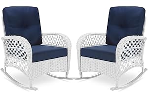 VIVIJASON 2 Piece Patio Wicker Rattan Rocker Chair, Outdoor Rattan Rocker Chair with Cushions & Steel Frame, All-Weather Rocking Lawn Wicker Furniture for Garden Backyard Porch (White/Navy Blue)