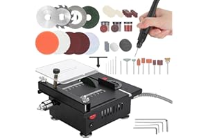 Helivivfy Mini Table Saw, Multi Functional Precision Saw with Engraving Cutting Grinding Engraving Drilling 7 Speed Adjustable 4 Blades Included