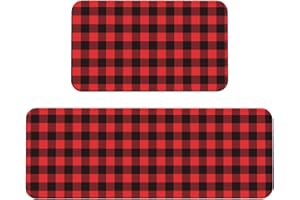 Xiso Ver Buffalo Plaid Red Black Kitchen Mat 2PCS Kitchen Rugs, Cushioned Anti Fatigue Non Skid Waterproof Floor Mats for Hom
