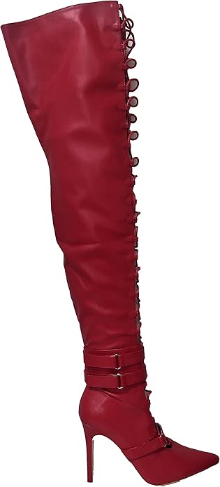 red faux leather thigh high boots