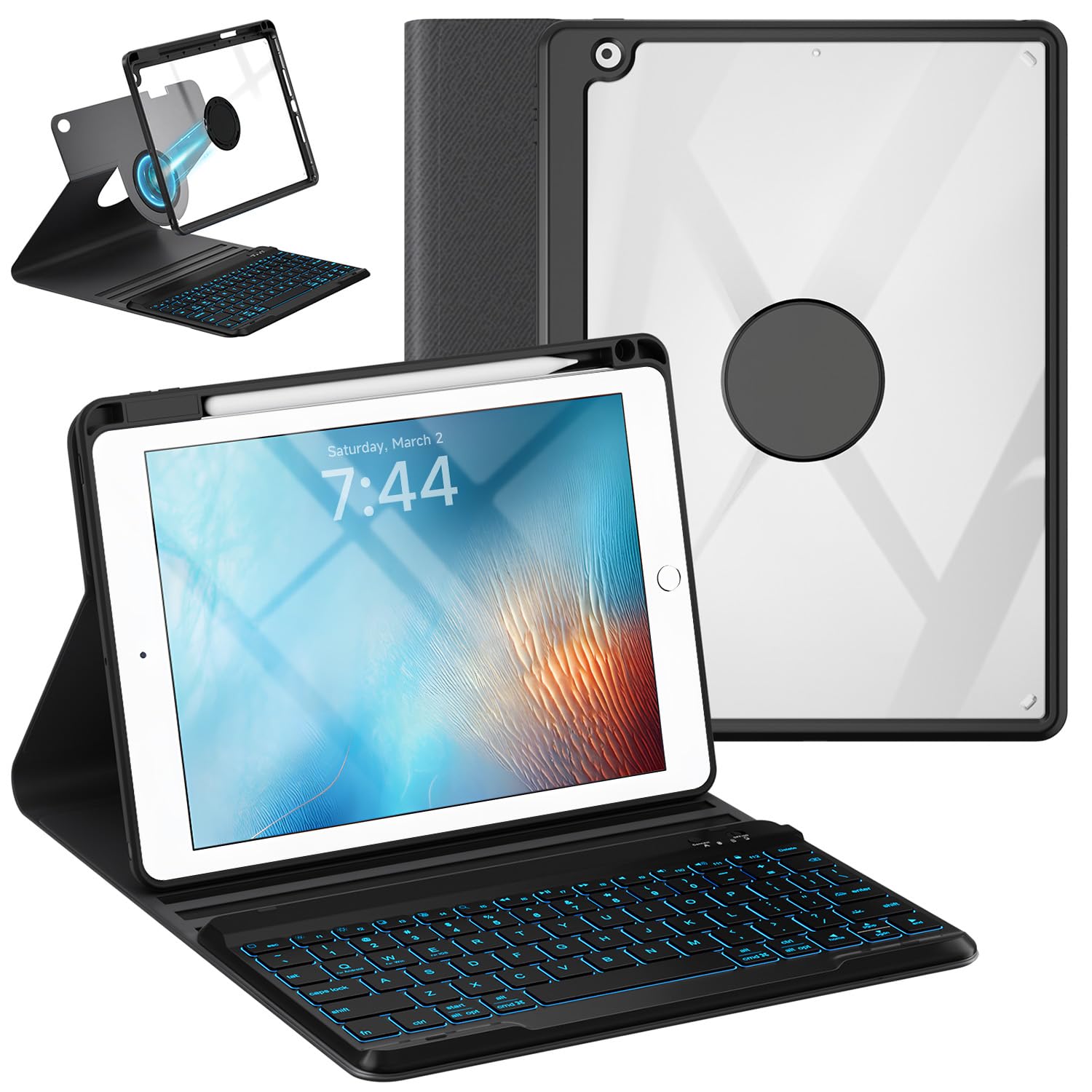 Photo 1 of OPAKIT Keyboard Case for iPad 9.7 6th 2018/5th gen 2017/ Air 2-7 Color Backlit Detachable Wireless Keyboard - 360° Rotatable Magnetic Detachable Slim Folio Cover with Pencil Holder (Black)