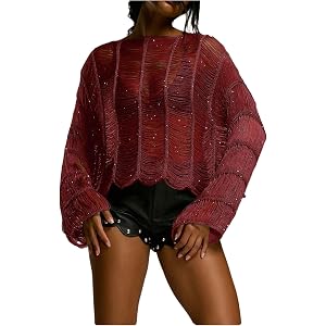 RoseSeek Women's Beaded See Through Tops Boat Neck Long Sleeve Pullover Sweaters Cover-ups Y2k Night Out Tops
