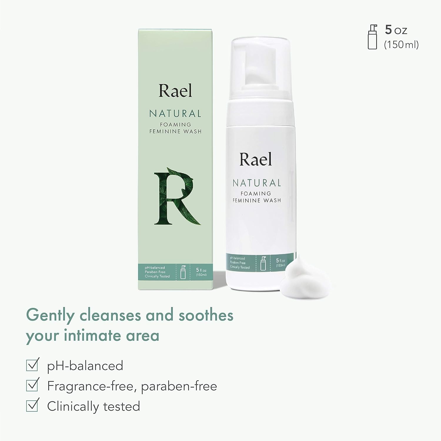 Rael Natural Foaming Feminine Wash - 5oz, 2Packs, Daily Intimate, pH-Balanced, easy Travel, Gynecologist Tested, Light & Fresh Scent, Total 10 Ounce: Health & Personal Care